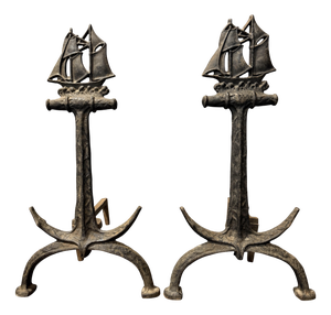 Fireplace Andirons with Naval Ship and Anchor from Bradley & Hubbard, 1920s, Set of 2