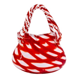 Vintage Murano-Style Red & White Hand-Blown Art Glass Handbag Purse Vase For Sale