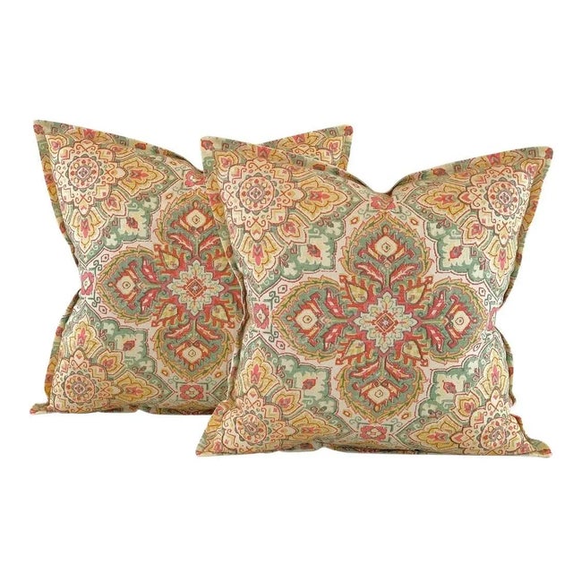 Textile Designer P Kaufmann Waverly Cream Coral Green Yellow Ikat Suzani Medallion Pillow Covers- 3 Pieces For Sale - Image 7 of 8