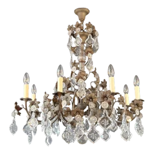 1900s Art Nouveau Brass Crystal Lustre Chandelier