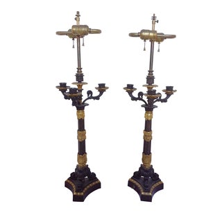 Antique Empire Style Bronze Candelabra Lamps - A Pair For Sale