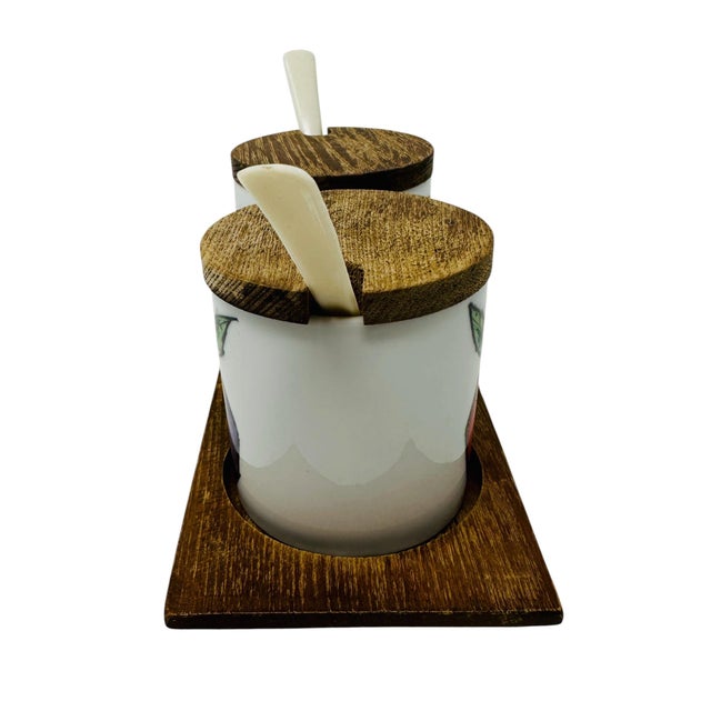 Tangerine Mid-Century Modern Serv-Wood Reversible Porcelain Fruit Jam Jar Set - 5 Pieces For Sale - Image 8 of 15