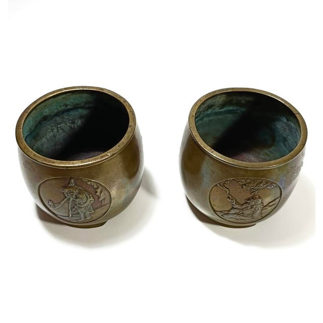 Antique Japanese Bronze Vases a Pair– Petite Form, Figural Relief For Sale In Phoenix - Image 6 of 8