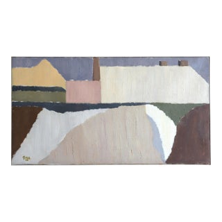Mid-Century Modern 'Pastel Settlement' Swedish Abstract Landscape Oil Painting, Framed For Sale
