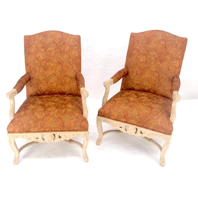 Pair of Fine Carved White Lacquer Rouge Floral Upholstery Arm Club Chairs MINT