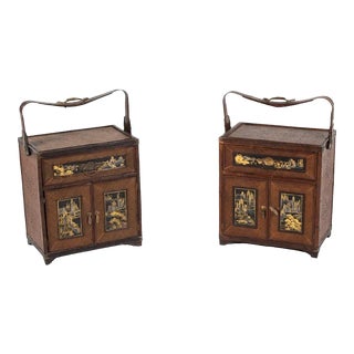 Pair of Late 19th Century Bamboo and Rattan Chinese Wedding Chest Nighstands With Chinoiserie Inlays and Brass Hardware For Sale