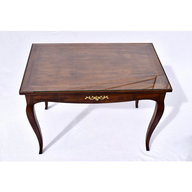 1970's French Country style writing desk with custom glass top by Henredon Fine Furniture. Features impressive tiger Oak...