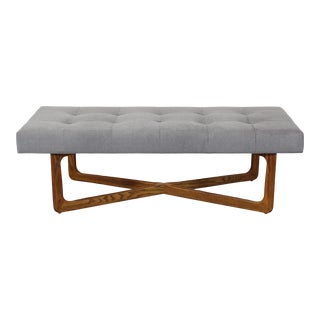 Vintage Mid Century Oak and Gray Velvet Ottoman For Sale