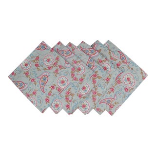 Late 20th Century Blue Pink Floral Paisley Cotton Table Napkin Made in Britain - Set of 6 For Sale