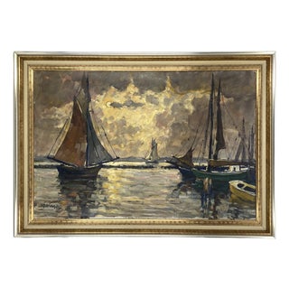 Hans Gleissner, Harbor Landscape with Sailing Ships, 1920s, Oil Painting on Canvas, Framed For Sale