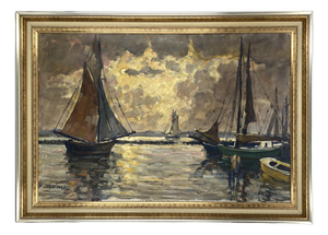 Hans Gleissner, Harbor Landscape with Sailing Ships, 1920s, Oil Painting on Canvas, Framed