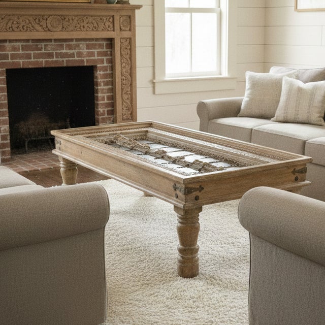 Mid-Century Modern Antique Indian Brass-Studded Door Coffee Table – Rustic Carved Wood Statement Piece 48x27 For Sale - Image 3 of 3