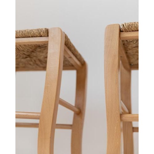 Vintage Wooden Stools with Handwoven Straw Seats and Curved Legs, 1980s, Set of 2 For Sale - Image 6 of 11