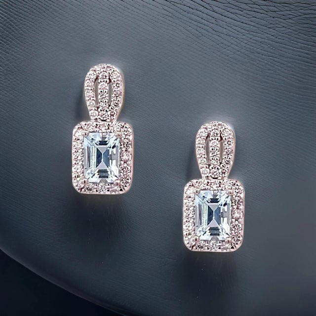 Natural Aquamarine Diamond Earrings 14k Gold 2.74 TCW Certified For Sale - Image 4 of 12