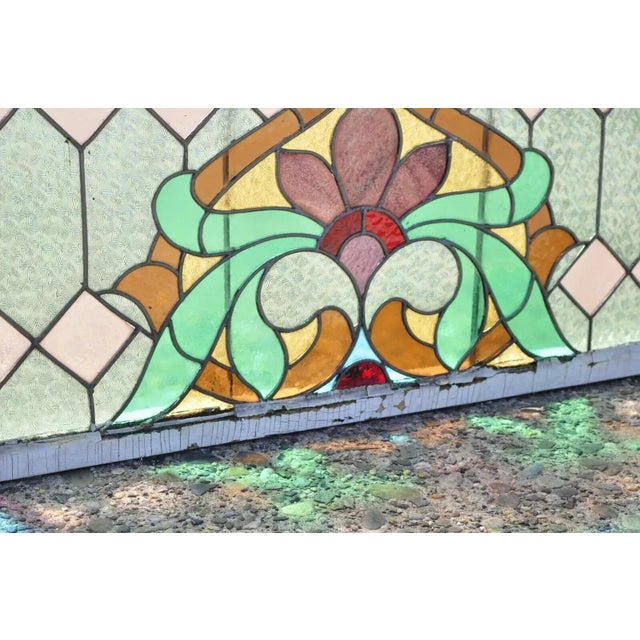 Art Nouveau Antique Art Nouveau Stained Glass Blue Green Orange Fleur De Lis Window For Sale - Image 3 of 11