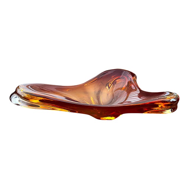 Mid 20th Century Venetian Murano Style Amber Sommerso Art Glass Biomorphic Dish Bowl For Sale
