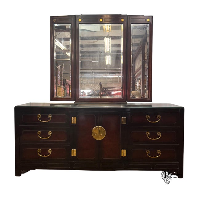 Vintage Hickory White Chinoiserie Style Burl Wood & Lacquer Dresser & Mirror For Sale - Image 12 of 12