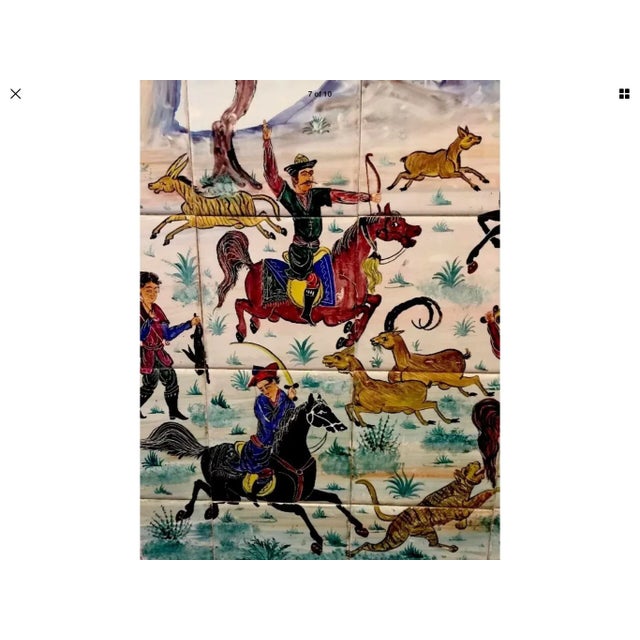 Hand Painted Persian Tile Panel Hunt Scene / Persian Miniature Mosaic Art For Sale - Image 4 of 8