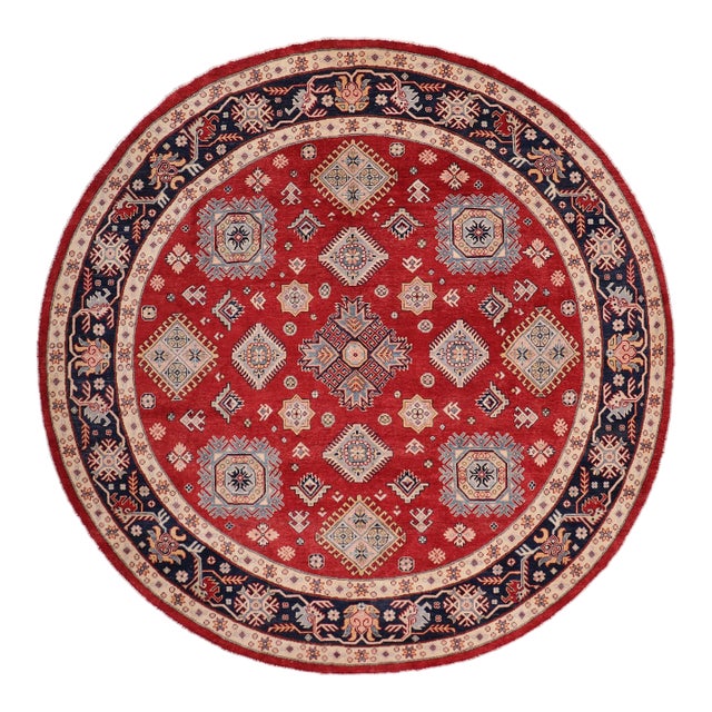 Southwestern Kazak Light Blue/Beige Wool Round Rug- 9'0''x9'0'' For Sale