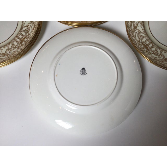 Ceramic Set of 12 English Raised Gilt Porcelain Dinner Service Plates For Sale - Image 7 of 8