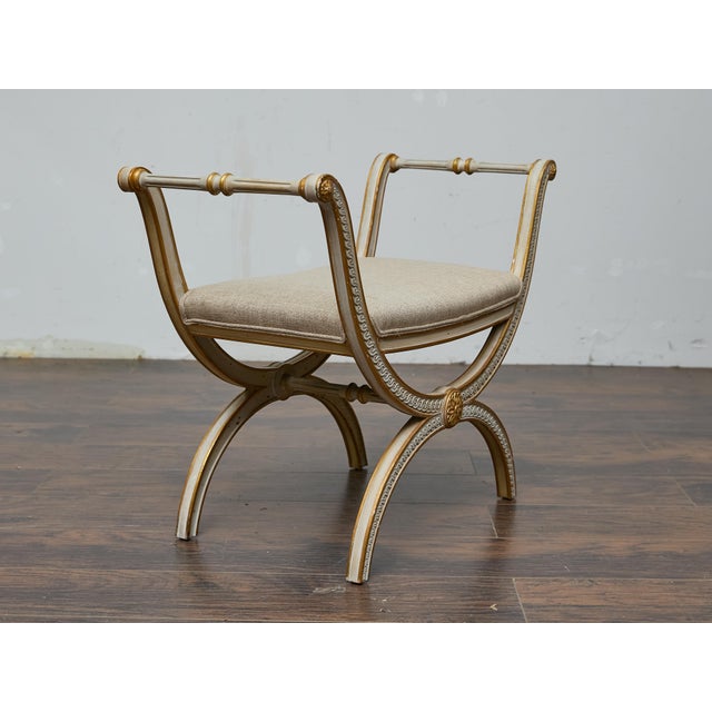Wood French Neoclassical Style Curule Stool, Gilded Wood and Upholstered Seat For Sale - Image 7 of 12