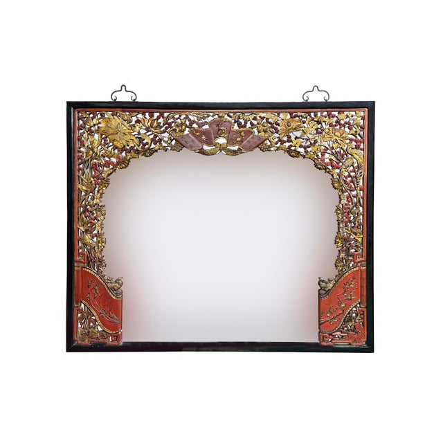 85" X 71" Chinese Red Golden Relief Carving Wood Frame Wall Mirror For Sale - Image 15 of 17