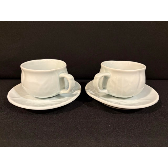 Japanese Late 20th Century Japanese Celadon Porcelain Cup & Saucer Set for Two Featuring Botanical Motif For Sale - Image 3 of 6