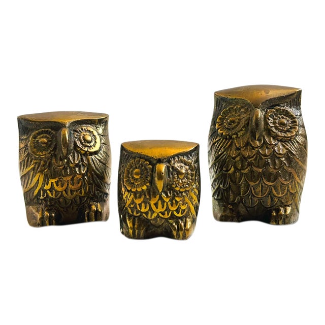 Vintage Brass Owls - Set of 3 - Made in Korea For Sale