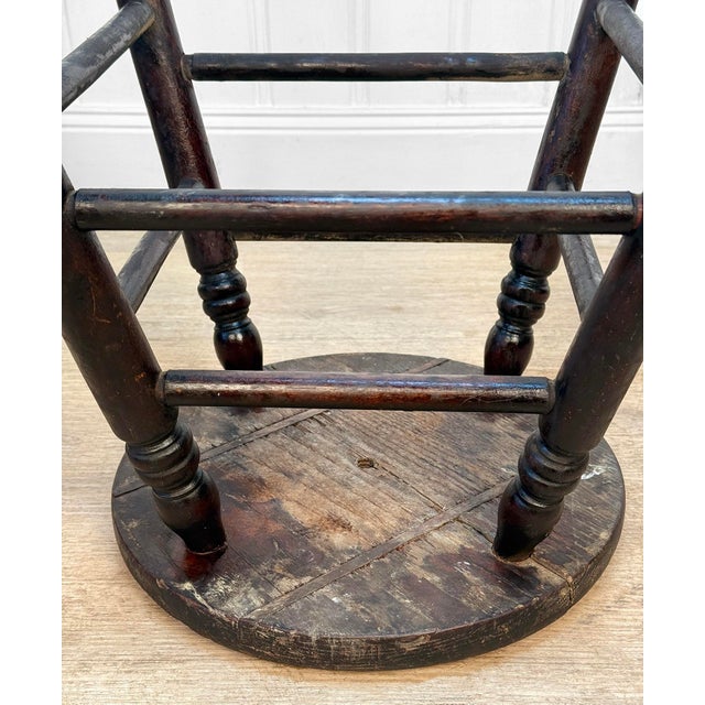 Black Antique Primitive Farmhouse Black Wood Round Milking Stool For Sale - Image 8 of 9