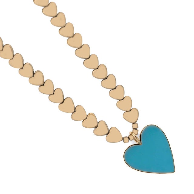 Metal Calmness Blue Heart Pendant Gold Heart Beaded Necklace For Sale - Image 7 of 8