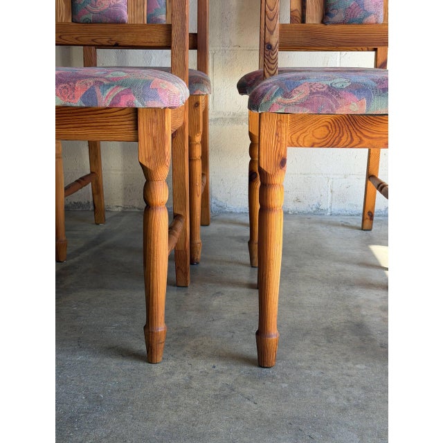 Wood Solid Pine High-Back Upholstered Dining Chairs Set of 6 Vintage 1980s For Sale - Image 7 of 10