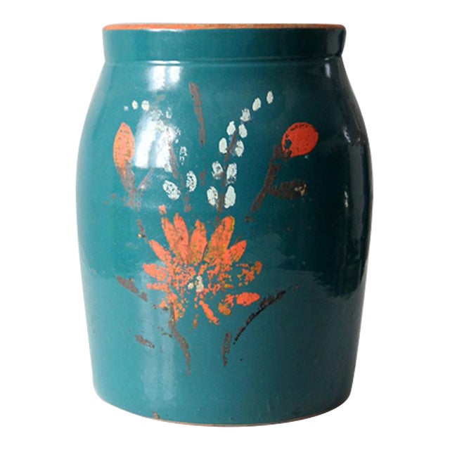 Vintage Hand-Painted Stoneware Cookie Jar Vase For Sale