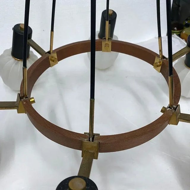 Mid-Century Modern 1960s Stilnovo Style Mid-Century Modern Brass Teak and Glass Italian Chandelier For Sale - Image 3 of 12