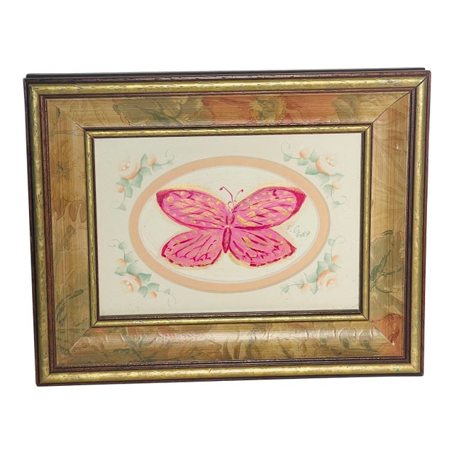 Abstract Pink Lady Butterfly Mini Painting in Gold Frame For Sale