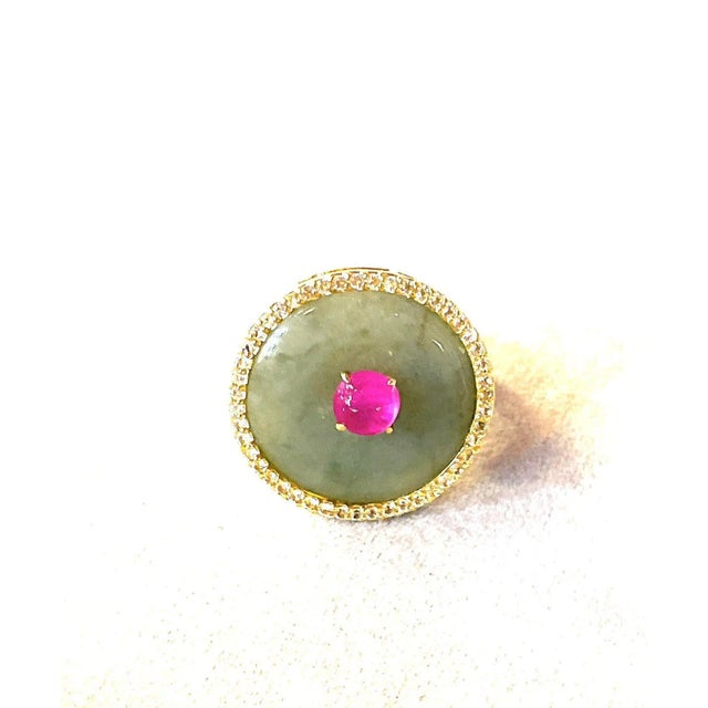 Jade Bochic “Orient” Jade, Ruby & Diamond Dome Ring Set 18k & Silver Size 4 For Sale - Image 8 of 8