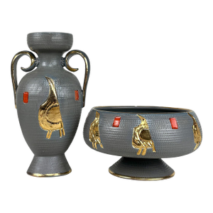 Mid-Century Italian Pottery Gray & Gold Bird Motif Vase & Planter - Set of 2