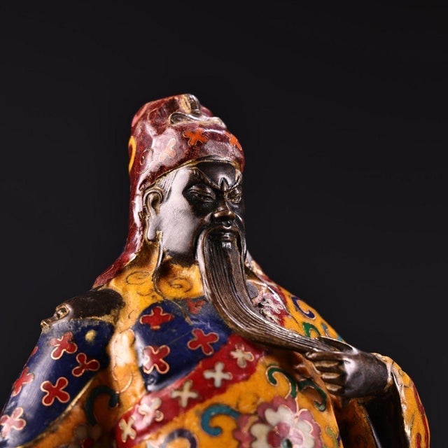 Yellow Vintage Chinese Cloisonné Enamel Guan Gong Figure | 9.4lb Copper Statue With Halberd For Sale - Image 8 of 10