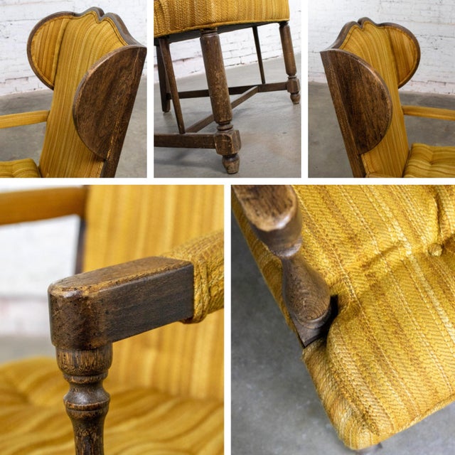 Mid-20th Century Rustic Colonial Style High Wingback Fireside Chair Oak Frame Gold Stripe Fabric For Sale - Image 14 of 18