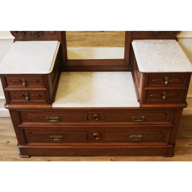 19th Century Victorian Marble Top Mirror Back Carved Walnut Gentleman's