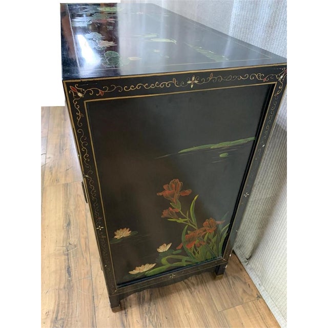 Chinese Vintage Chinese Asian Black Lacquer Cabinet Side Entry Table W Stone Onlay For Sale - Image 3 of 9