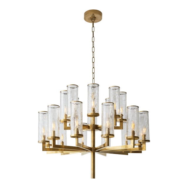 Kelly Wearstler for Visual Comfort Signature Liaison Double Tier Chandelier in Antique-Burnished Brass with Crackle Glass For Sale
