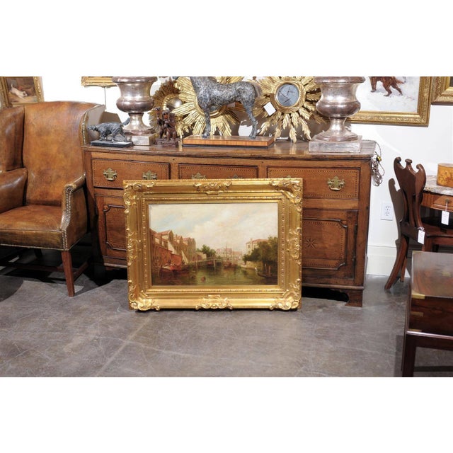 Victorian Oil Painting of a Canal Scene with Boats and Pedestrians from Late 19th Century For Sale - Image 3 of 7