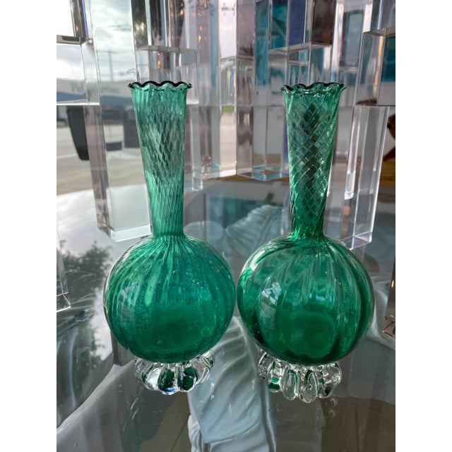 Vintage Murano Emerald Glass Bud Vases -A Pair For Sale - Image 10 of 13