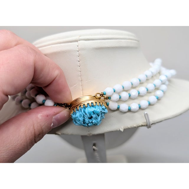 Vintage Signed Hattie Carnegie 3-Strand White Beaded Faux-Turquoise Necklace For Sale In Philadelphia - Image 6 of 8