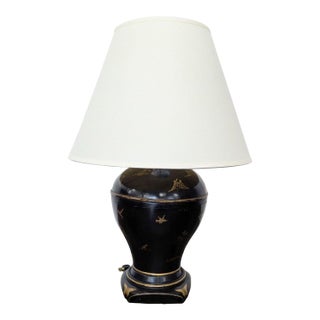 Chinoiserie Style Black Lacquer Table Lamp With Gilt Decoration For Sale