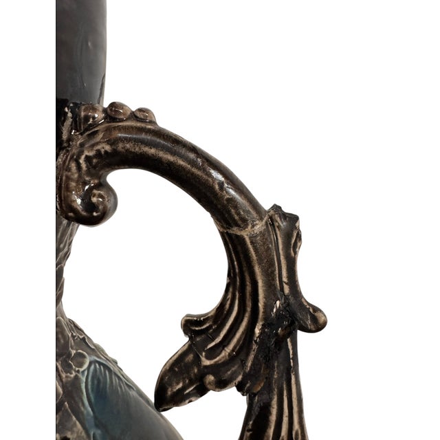 Green Early 20th Century French Art Nouveau Barbotine Majolica Faience Vase For Sale - Image 8 of 14