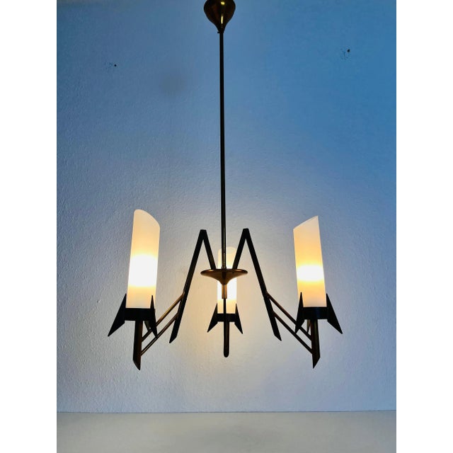 Mid-Century Modern Italian Mid-Century Brass and Opaline Glass 3-Arm Chandelier, 1960s For Sale - Image 3 of 11