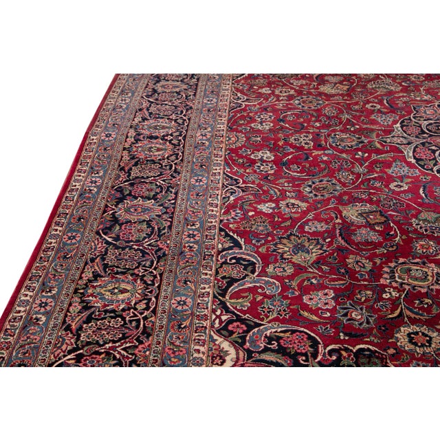 19th Century Antique Mohtasham Kashan Handmade Botanical Medallion Red Wool Rug For Sale - Image 4 of 10