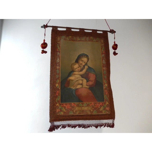 19th Century Italian Religious Banner Ave Maria Oliograph With Tassels For Sale - Image 13 of 13