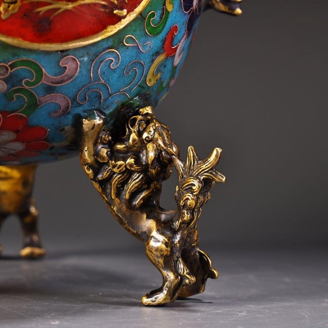Turquoise Late 19th Century Pair of Cloisonné Enamel Tripod Censers With Phoenix Finials, 2200g Total For Sale - Image 8 of 10